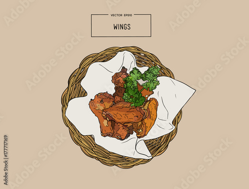 Hand drawn sketch buffalo chicken wings in basket.