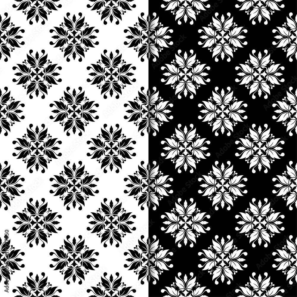 Black and white floral seamless patterns. Set of backgrounds Black and white floral seamless patterns. Set of backgrounds