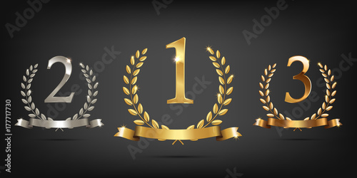 Golden, silver and bronze laurel wreaths with ribbons and first, second and third place signs. Winner podium sports symbols. Vector illustration. photo