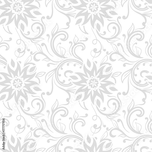 Floral ornaments. Gray and white seamless pattern