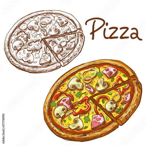 Set of vector illustrations of round Italian pizza whole and slice with ham, pepper and mushrooms, colored and no isolated on white batsground in engraving style. Template, element for design.