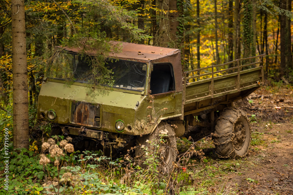 vintage military truck in the forest