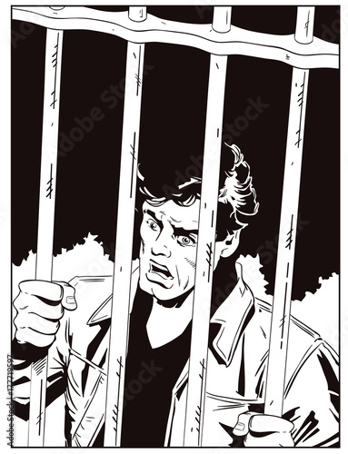 Male in jail. Man is behind prison lattice. Stock illustration.
