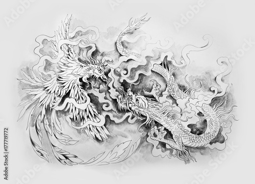 Dekoracja na wymiar  sketch-of-the-mythological-battle-of-dragon-and-phenex-on-a-white-background