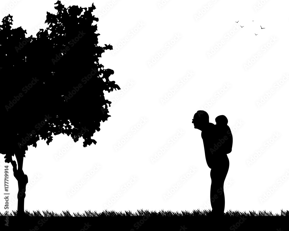 Grandfather carrying a grandchild piggyback in park, one in the series of similar images silhouette Grandfather carrying a grandchild piggyback in park, one in the series of similar images silhouette