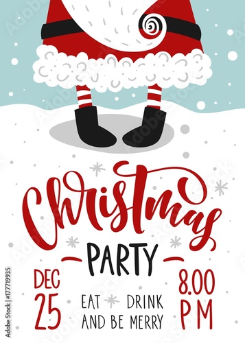 Christmas party invitation. Vector template with calligraphy and hand drawn design elements.