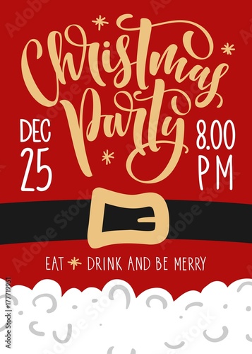 Christmas party invitation. Vector template with calligraphy and hand drawn design elements.