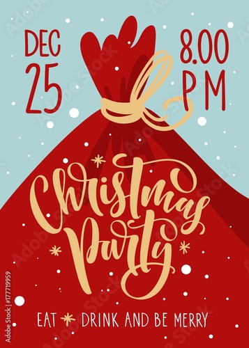 Christmas party invitation. Vector template with calligraphy and hand drawn design elements.