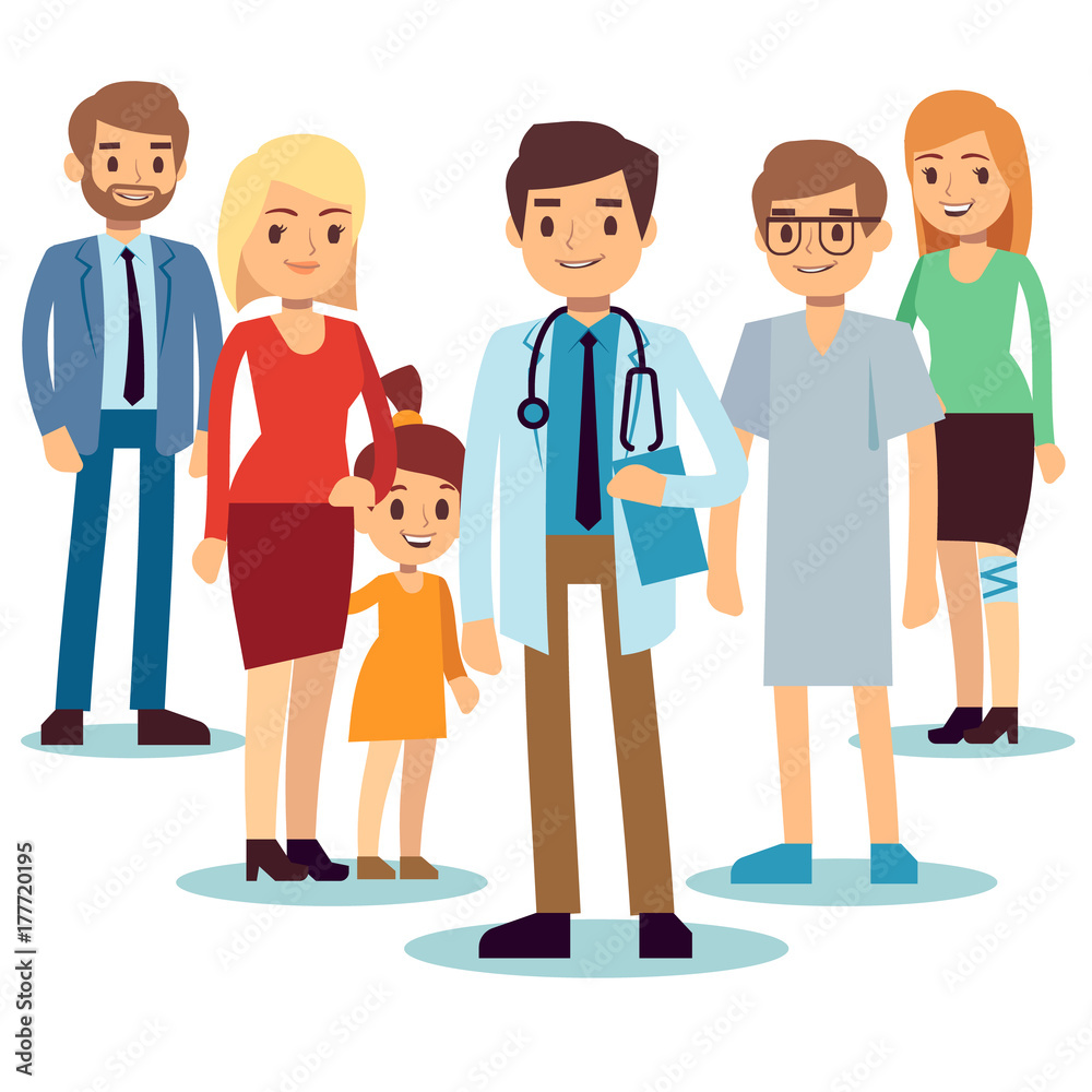 Smiling and happy patients with their doctor. Personalized medicine and healthcare vector concept