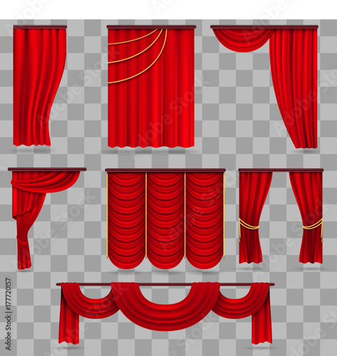 Realistic red velvet stage curtains, scarlet theatre drapery isolated on transparent background