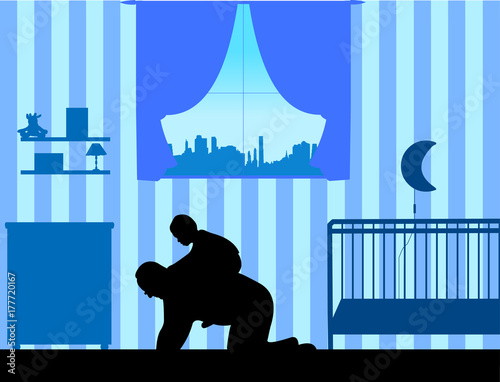 Grandfather carrying a grandchild piggyback in the kids room, one in the series of similar images silhouette