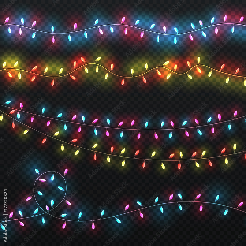 Festive christmas lights. Xmas lighting carnival holiday garlands vector set
