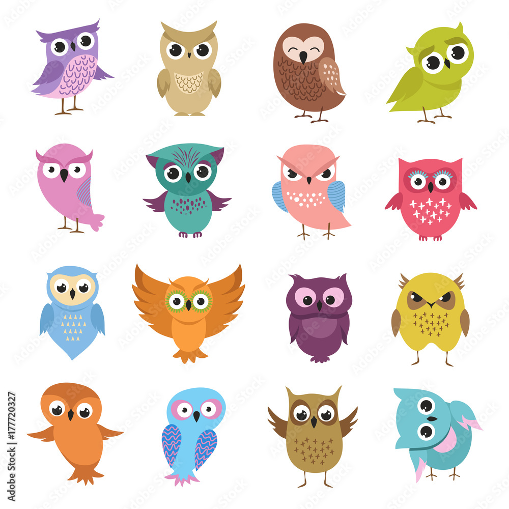 Cute cartoon owls. Funny forest birds vector collection Cute cartoon owls. Funny forest birds vector collection