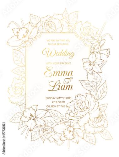 Wedding marriage event invitation vintage card template. Border frame garland blooming rose peony narcissus daffodil flowers. Bright shiny golden gradient on white background. Text placeholder.