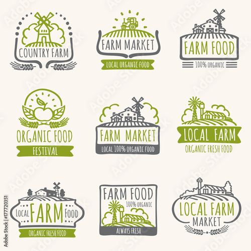 Retro farm market signs. Vintage fresh organic food vector labels with harvest field
