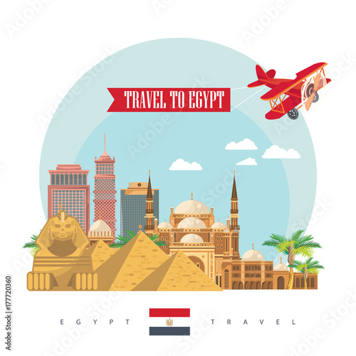 Egypt travel vector. Egyptian traditional icons in flat design. Holiday banner. Vacation and summer.