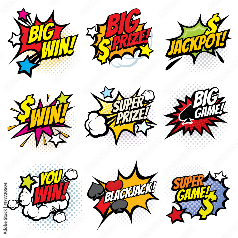 Vintage pop art comic bubbles with gambling winning words vector set