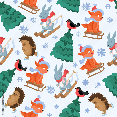 Christmas forest animals vector seamless pattern. Funny woodland animal characters repeat background