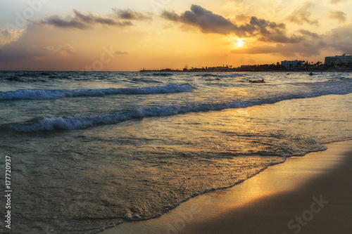 Nissi Beach in Ayia Napa at sunset of the day.Cyprus