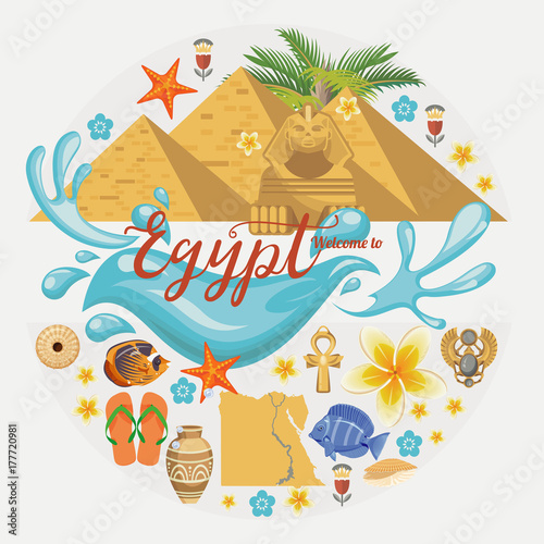 Egypt travel vector. Egyptian traditional icons in flat design. Holiday banner. Vacation and summer.