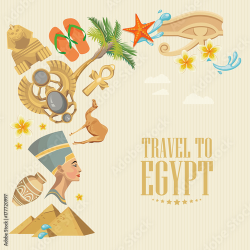 Egypt travel vector. Egyptian traditional icons in flat design. Holiday banner. Vacation and summer.