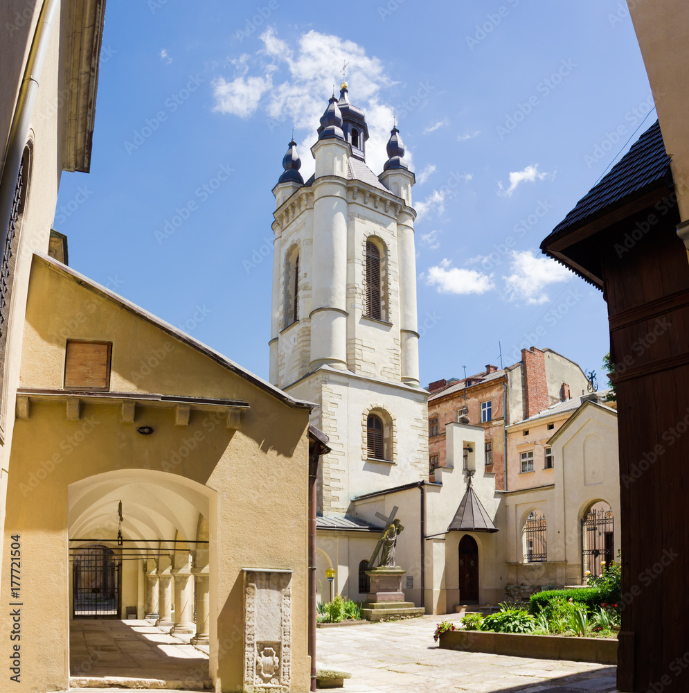 Bell tower and courtyard of Armenian Cathedral in Lviv, Ukraine