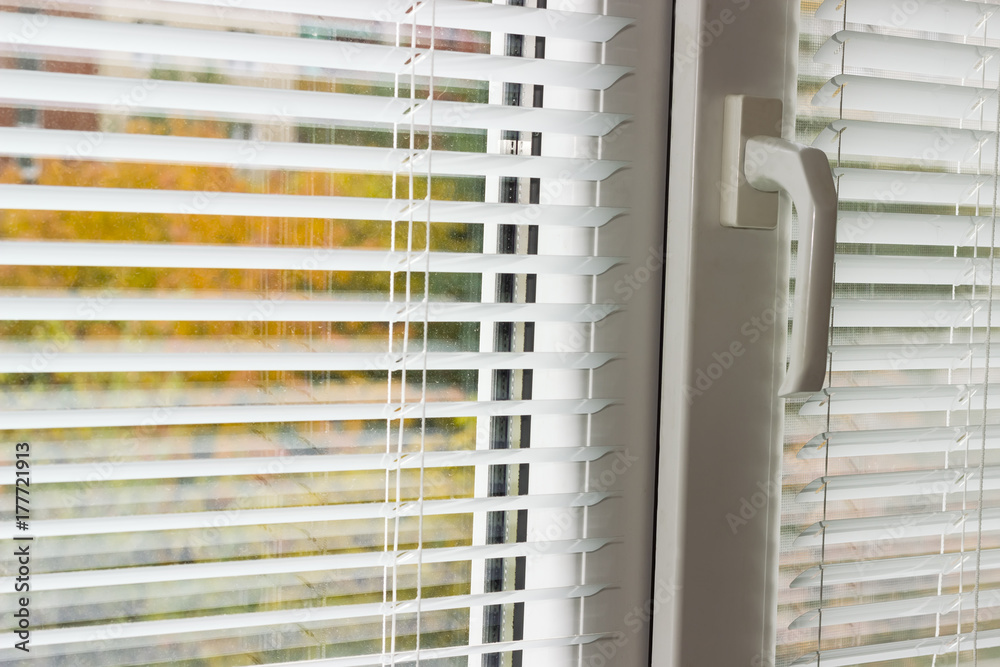 White Venetian blinds on a modern plastic window White Venetian blinds on a modern plastic window