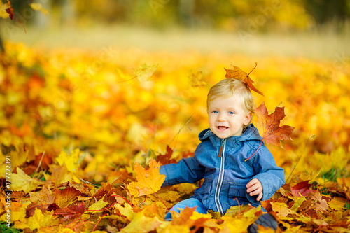 happy girl with a beautiful bouquet of autumn foliage gambling in an autumn park