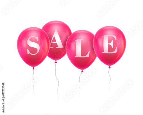 Sale pink balloon. Four pink helium balloon hanging in a row with letters Sale. Advertising banner for sellers, sites, stores, mobile applications. Vector illustration isolated on white background