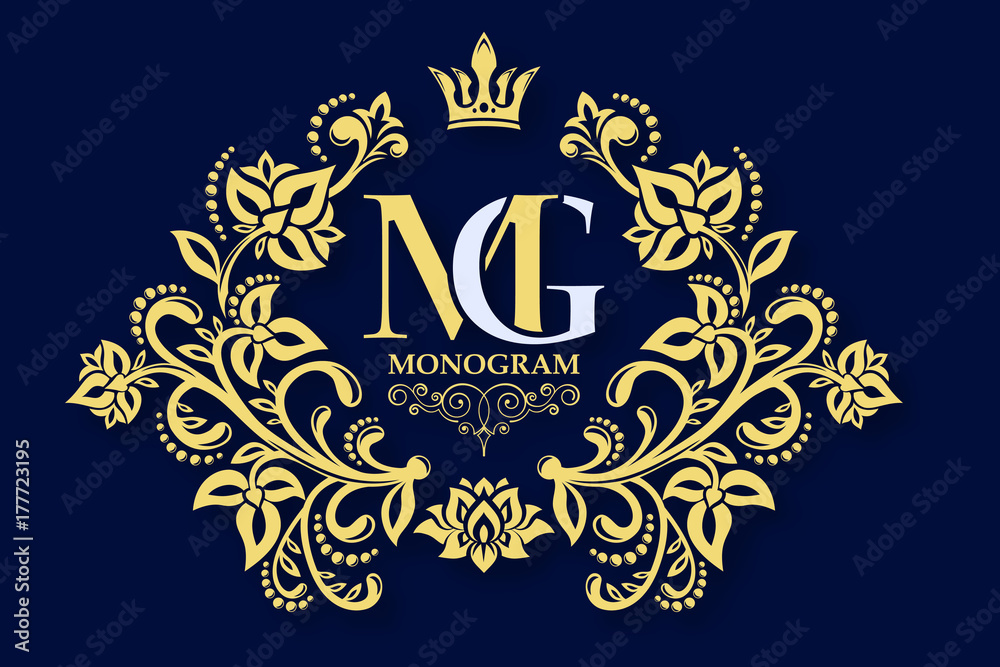 Decorative floral pattern. Gold graceful frame. Heraldic symbols. Monogram initials and exclusive calligraphic design elements. Vector business sign, identity for hotel, restaurant, jewelry, fashion. Decorative floral pattern. Gold graceful frame. Heraldic symbols. Monogram initials and exclusive calligraphic design elements. Vector business sign, identity for hotel, restaurant, jewelry, fashion.