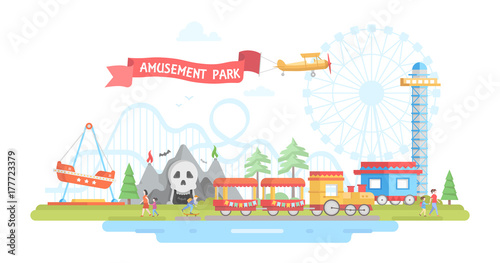 Fototapeta Naklejka Na Ścianę i Meble -  City with amusement park - modern flat design style vector illustration