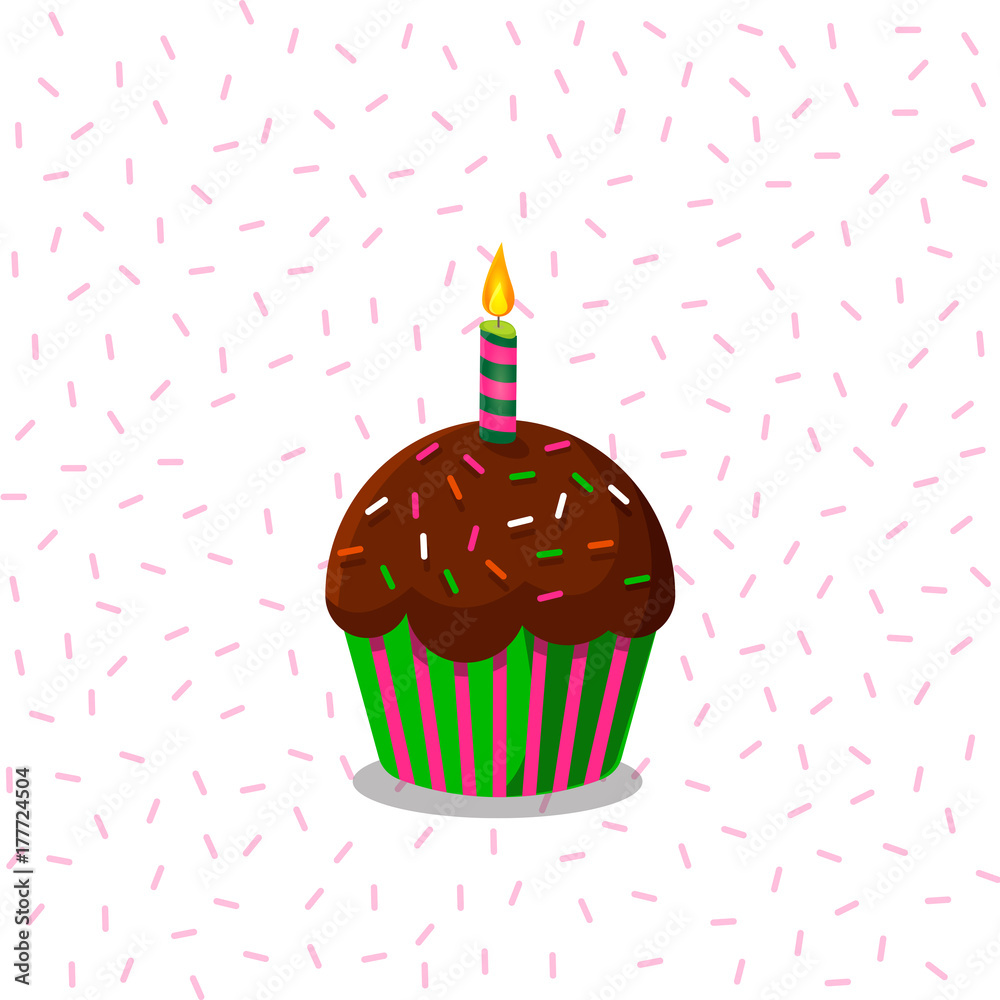 Vector illustration of cup cake wirh burning candle on white background with falling confetti.