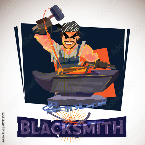 Blacksmith are hitting the hot iron. character design come with typographic design - vector