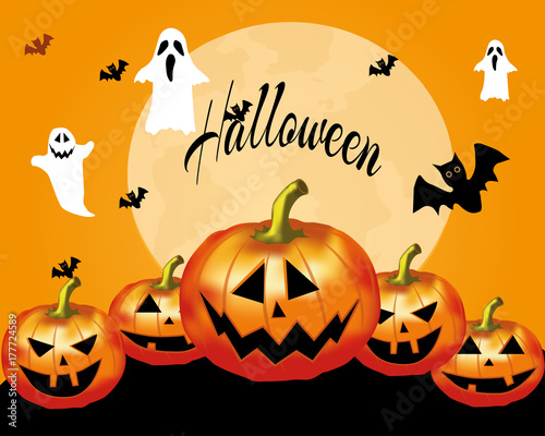 Halloween party invitation with scary pumpkins and a full moon