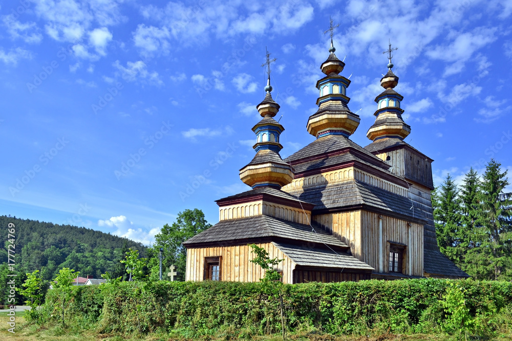 Ancient greek catholic wooden church in Krempna, Beskid Niski, Poland