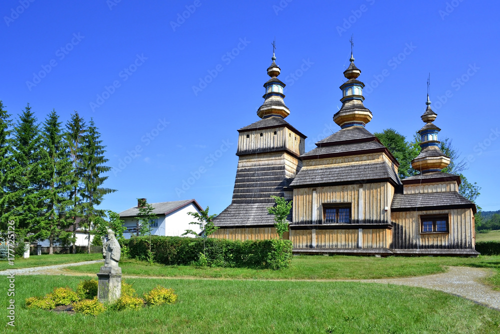 Ancient greek catholic wooden church in Krempna, Beskid Niski, Poland