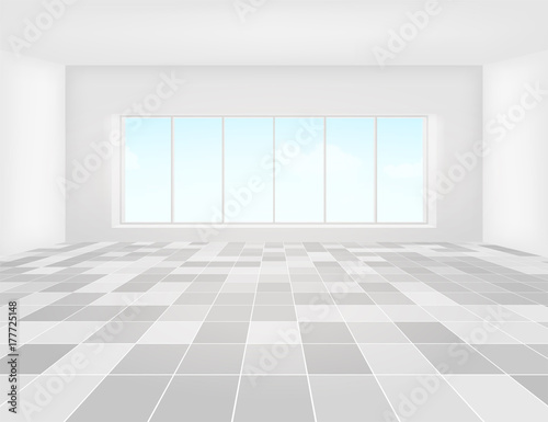 Vector design of tile floor with grid line and light from window in perspective view for background. © DifferR