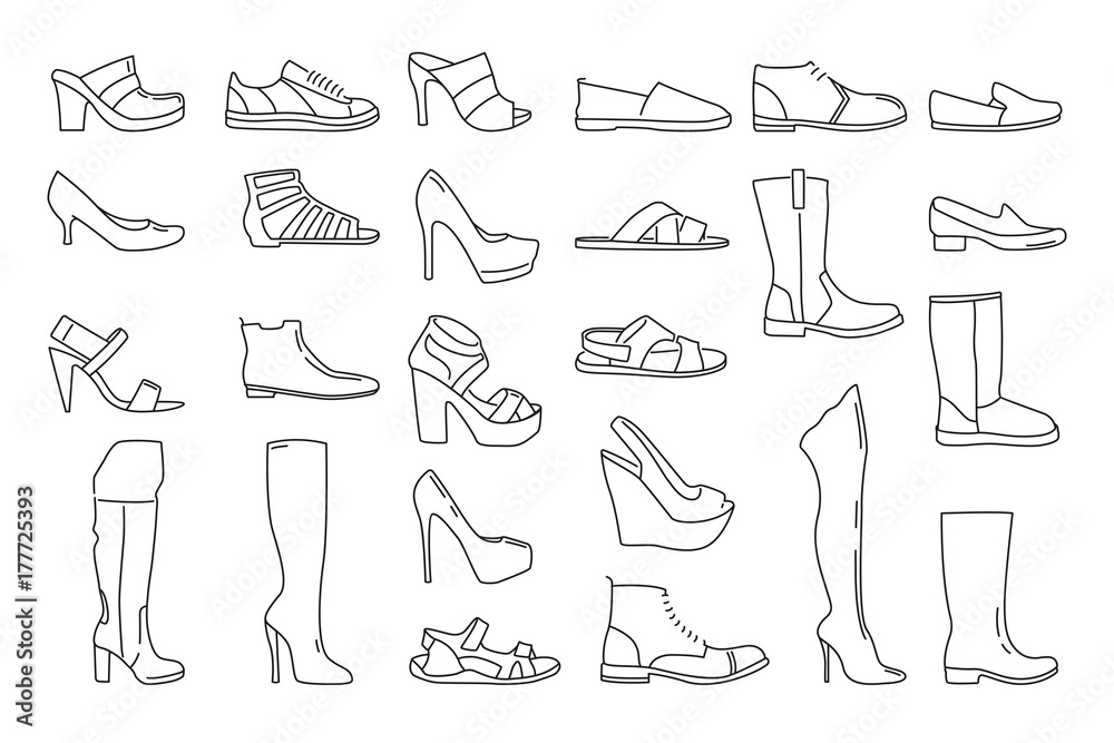 Different shoes for men and women. Vector illustrations in linear style