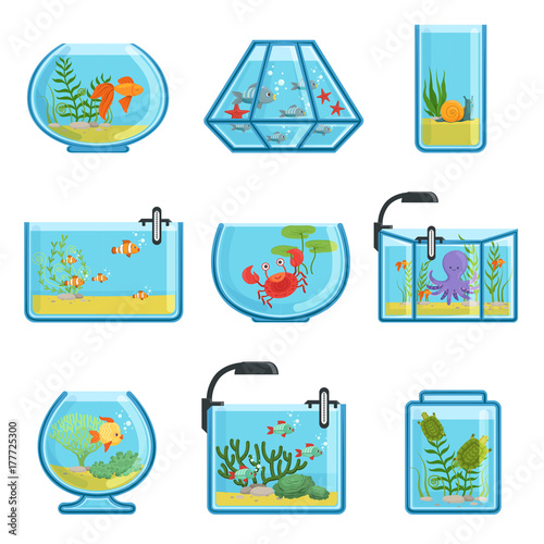 Illustrations set of different aquariums with fishes and saltwater. Underwater world