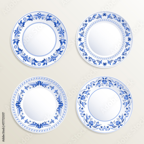 Vintage plates painted at gzhel style. Vector pictures of russian dishes
