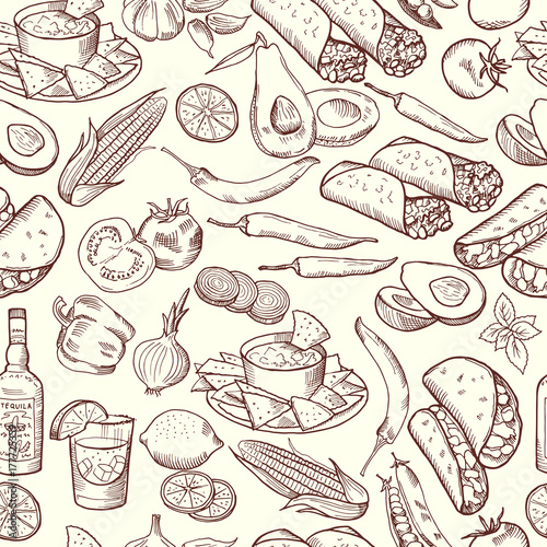 Seamless pattern with traditional mexican food. Vector pictures set