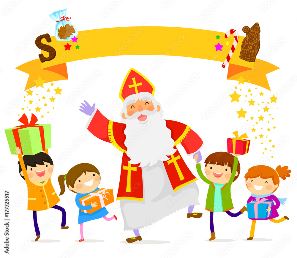 Sinterklaas dancing with happy children