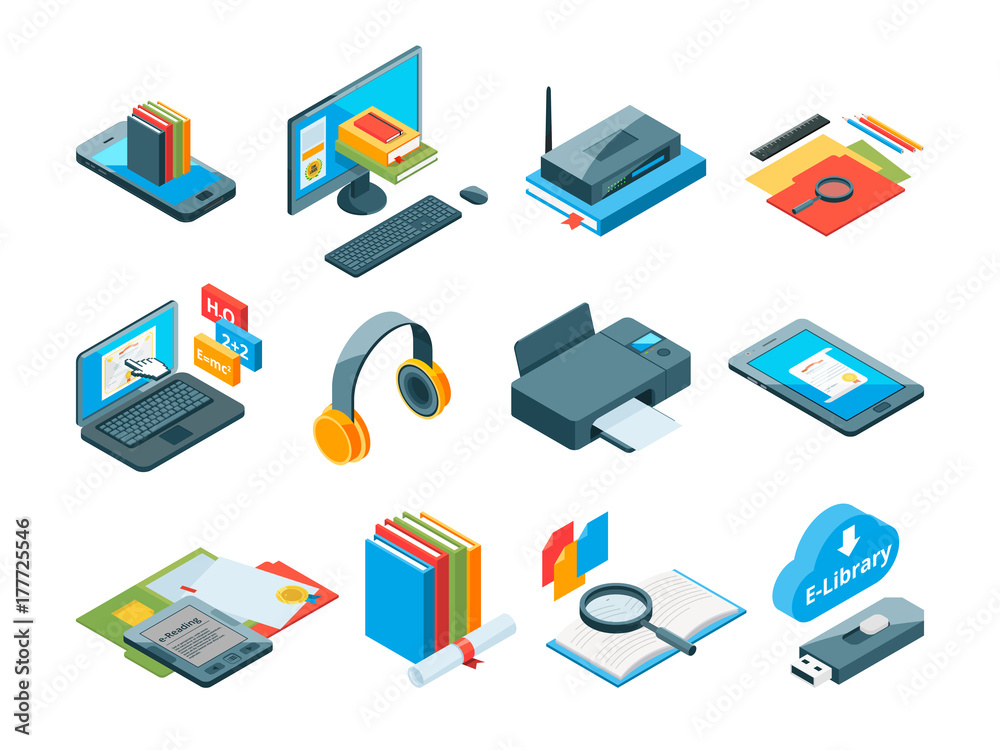 Isometric symbols of online education. Icons of e learning. Computer, laptop, smartphone and other gadgets for teaching Isometric symbols of online education. Icons of e learning. Computer, laptop, smartphone and other gadgets for teaching
