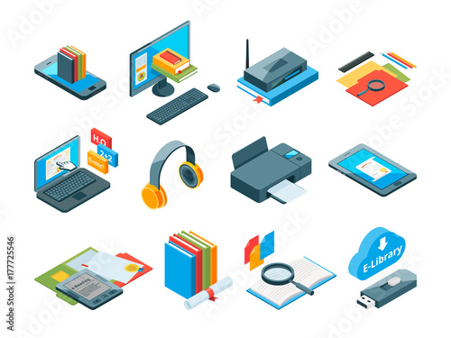Isometric symbols of online education. Icons of e learning. Computer, laptop, smartphone and other gadgets for teaching