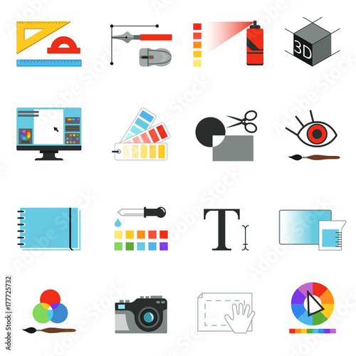 Graphic or web designers tools. Different working elements for graphical artists. Vector pictures set isolate