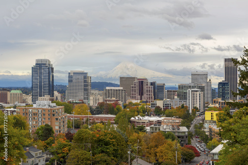 Portland Skyline and Mount Hood in Fall Season © jpldesigns