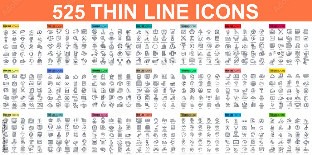 Simple set of vector thin line icons. Contains such Icons as Business, Marketing, Shopping, Banking, E-commerce, SEO, Technology, Medical, Education, Web Development, and more. Linear pictogram pack.