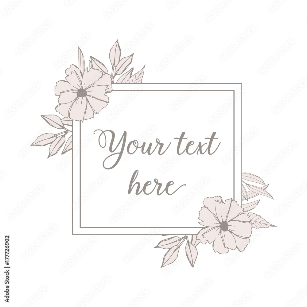 Obraz premium Square floral frame with blush flowers and leaves, hand drawn illustration
