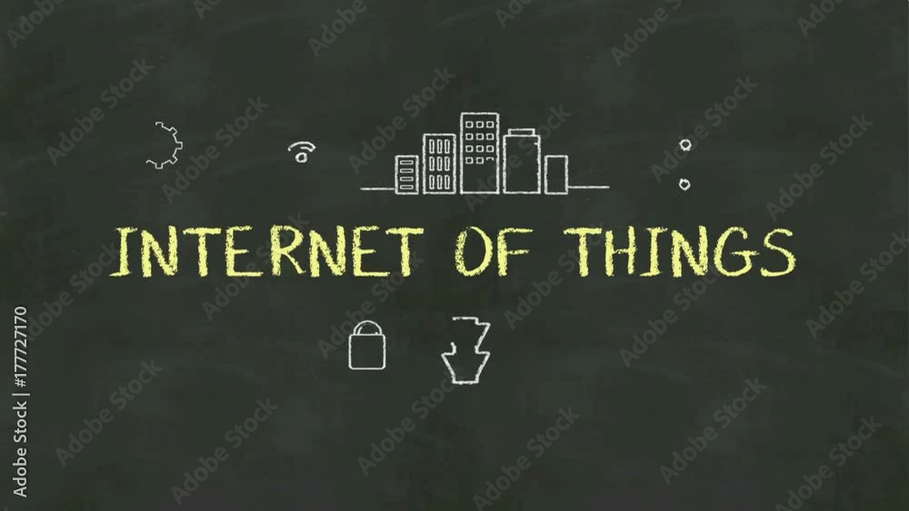 Handwriting concept of 'Internet of Things' at chalkboard. with various diagram.