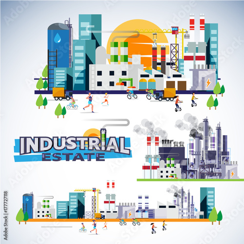 industrial estate skyscraper with factory, warehouse, powerplant and building set. typographic for header design - vector